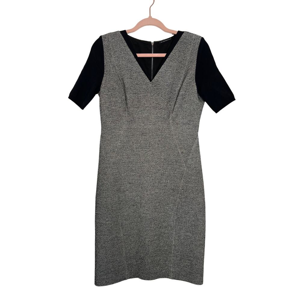 Elie Tahari Black Gray Wool Blend Tweed Sheath To Knee Vneck Casual Dress Size 6